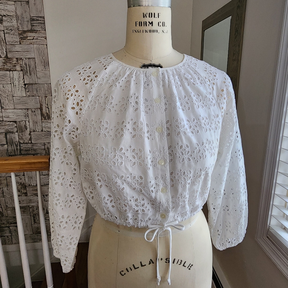 J. CREW Long-sleeve Linen-blend Cropped Top in Eyelet Size S